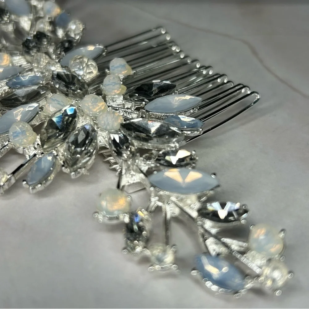 Dazzling Silver Tone Opal and Light Blue Adorned Hair Comb